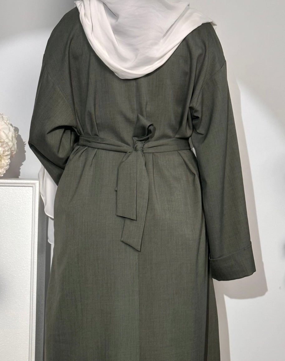 Army Green Linen Abaya With Pockets - Premium Abaya’s from Sahara Soireé - Just €50! Shop now at Sahara Soirée