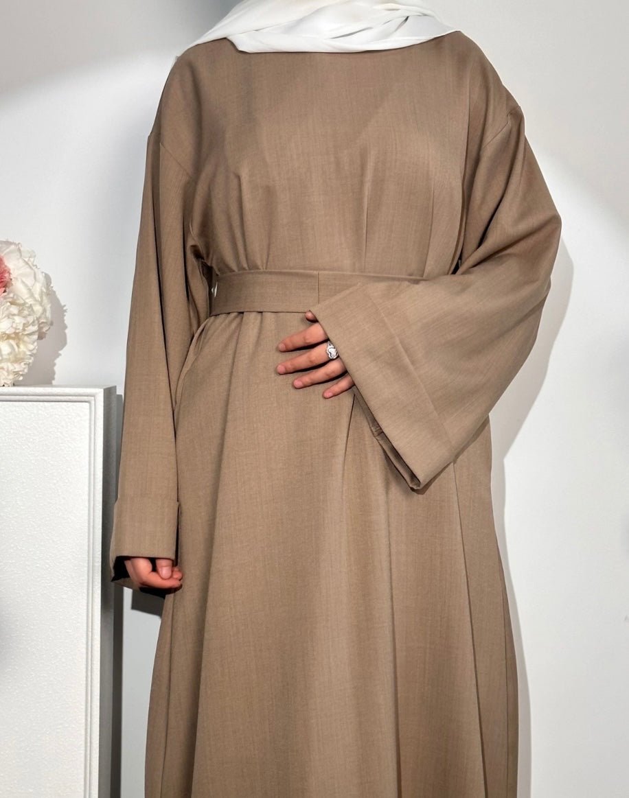 khaki Linen Abaya With Pockets - Premium Abaya’s from Sahara Soireé - Just €50! Shop now at Sahara Soirée