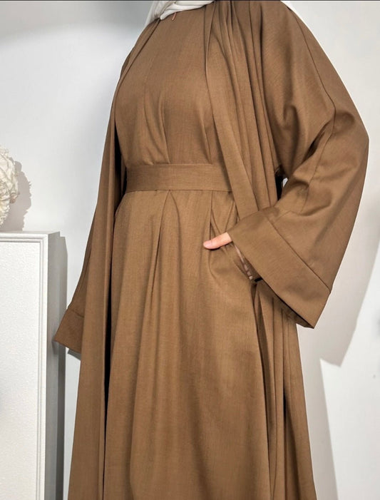 Brown Linen 2 pieces Open Abaya - Premium  from Sahara Soireé - Just €90! Shop now at Sahara Soirée