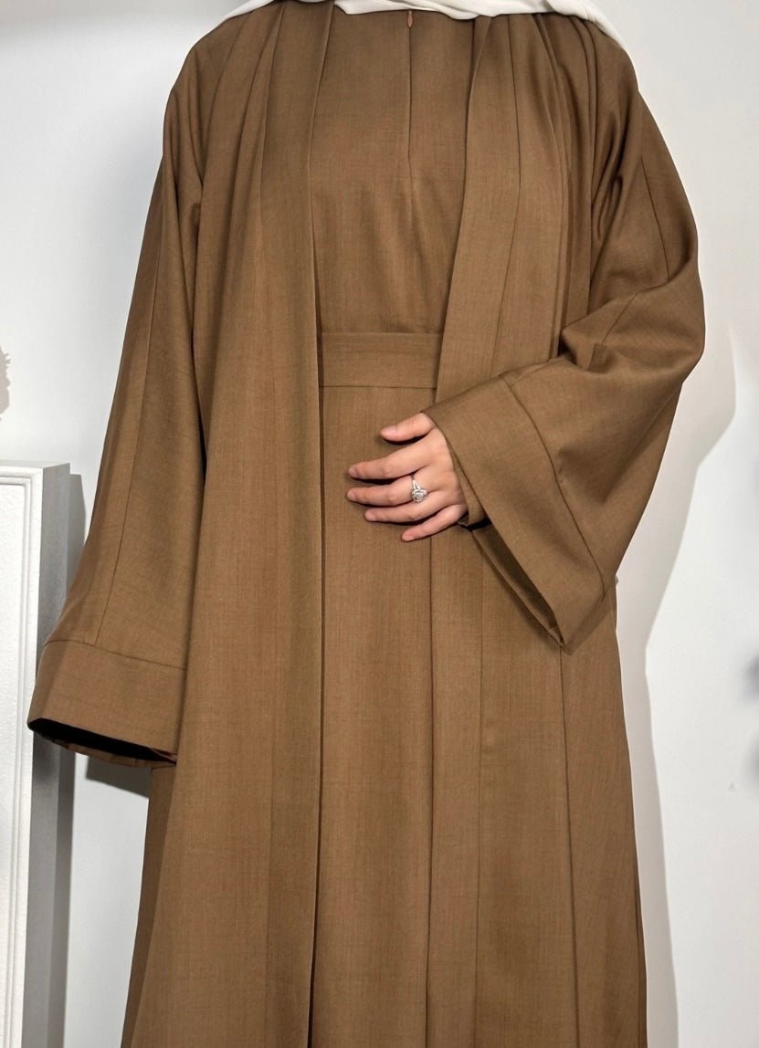 Brown Linen 2 pieces Open Abaya - Premium  from Sahara Soireé - Just €90! Shop now at Sahara Soirée