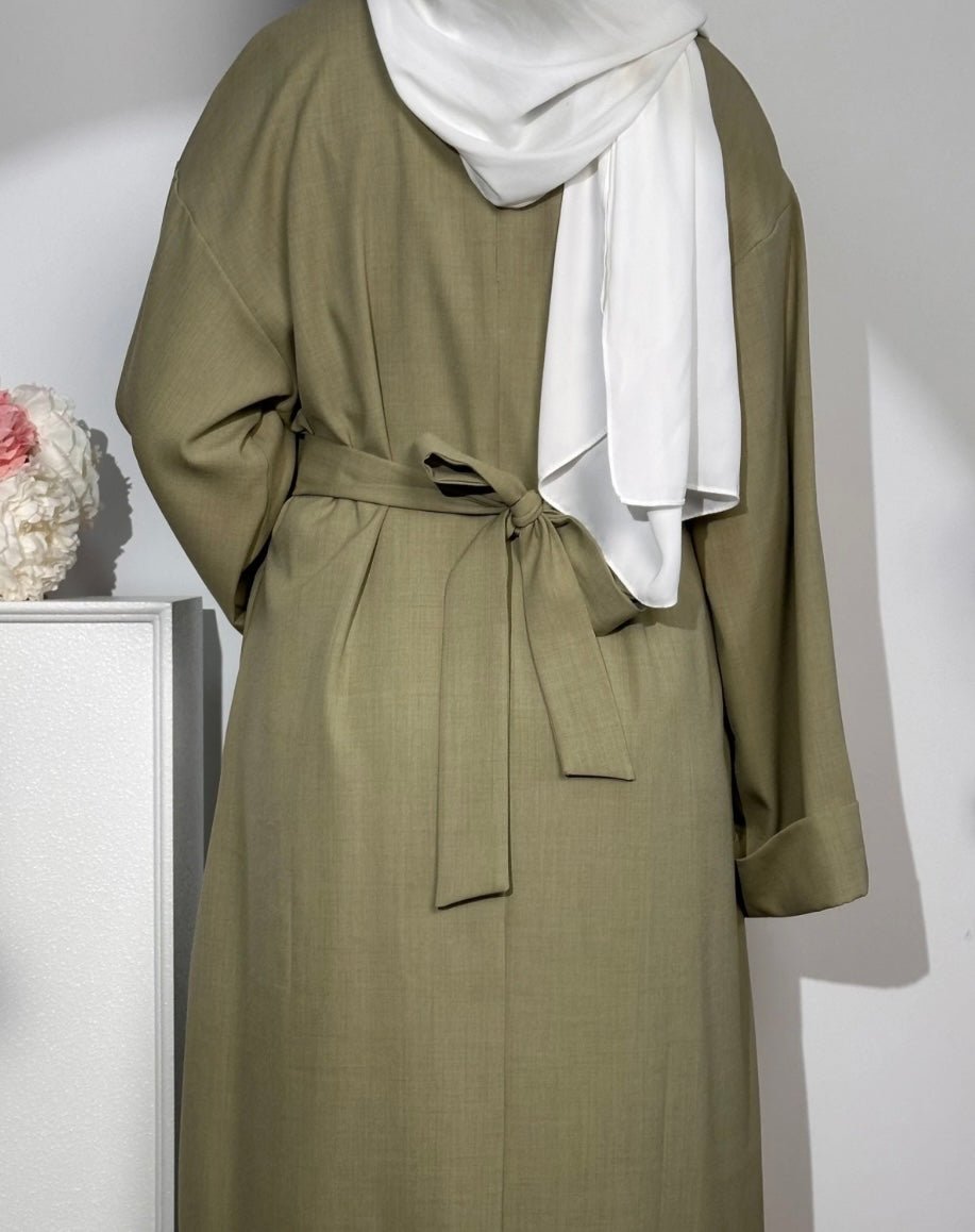 Sage Green Linen Abaya With Pockets - Premium Abaya’s from Sahara Soireé - Just €50! Shop now at Sahara Soirée
