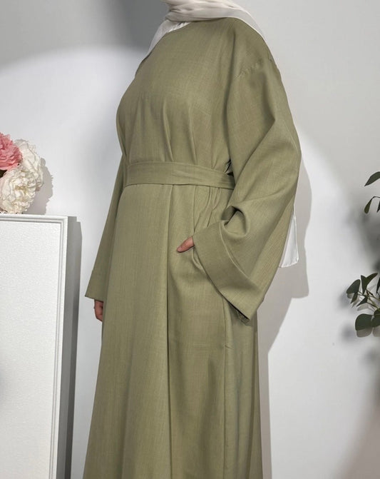 Sage Green Linen Abaya With Pockets - Premium Abaya’s from Sahara Soireé - Just €50! Shop now at Sahara Soirée