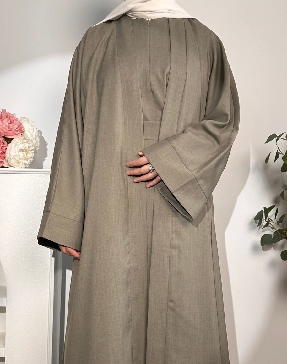Taupe Linen 2 pieces Open Abaya - Premium  from Sahara Soireé - Just €90! Shop now at Sahara Soirée
