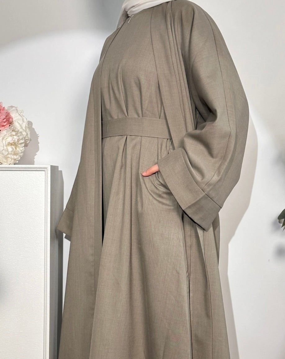 Taupe Linen 2 pieces Open Abaya - Premium  from Sahara Soireé - Just €90! Shop now at Sahara Soirée