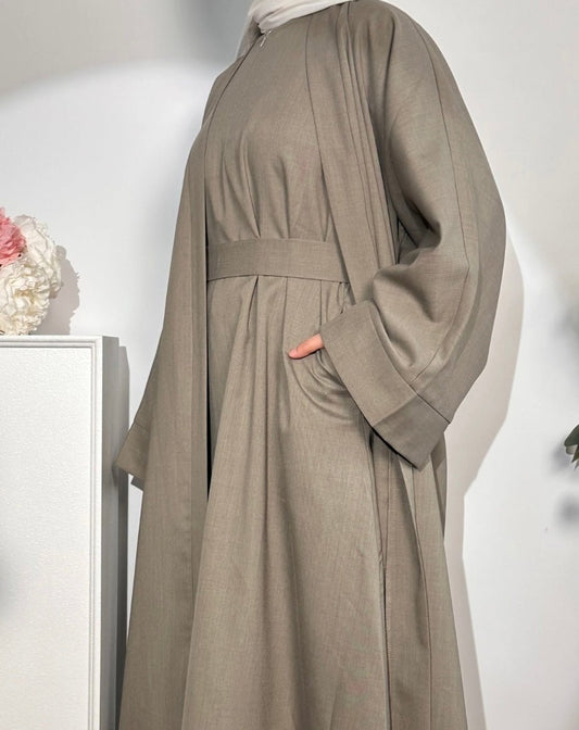 Taupe Linen 2 pieces Open Abaya - Premium  from Sahara Soireé - Just €90! Shop now at Sahara Soirée